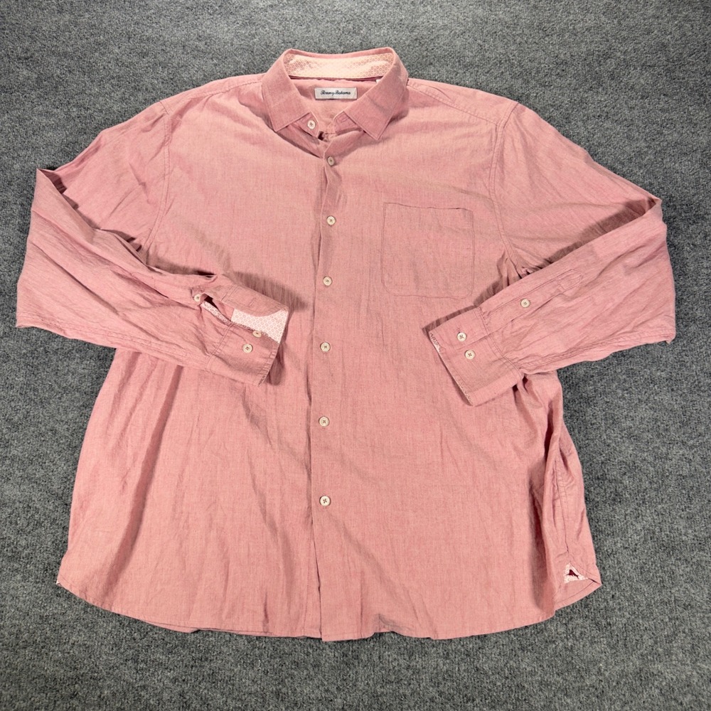 Tommy Bahama Shirt Mens XL Pink Herringbone Cotton Stretch Button Up Long Sleeve